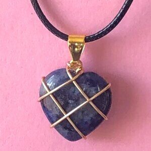 Lapis Lazuli Heart Natural Gemstone Gold Wire Winded Pendant Necklace